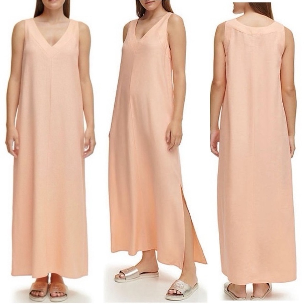 DKNY XXL Linen Side Slit V Neck Sleeveless Maxi Dress